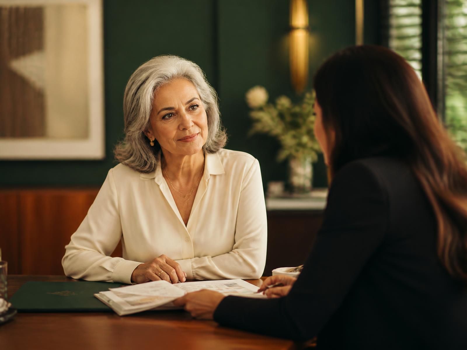 Consultora atendendo uma cliente aposentada em escritório com parede verde